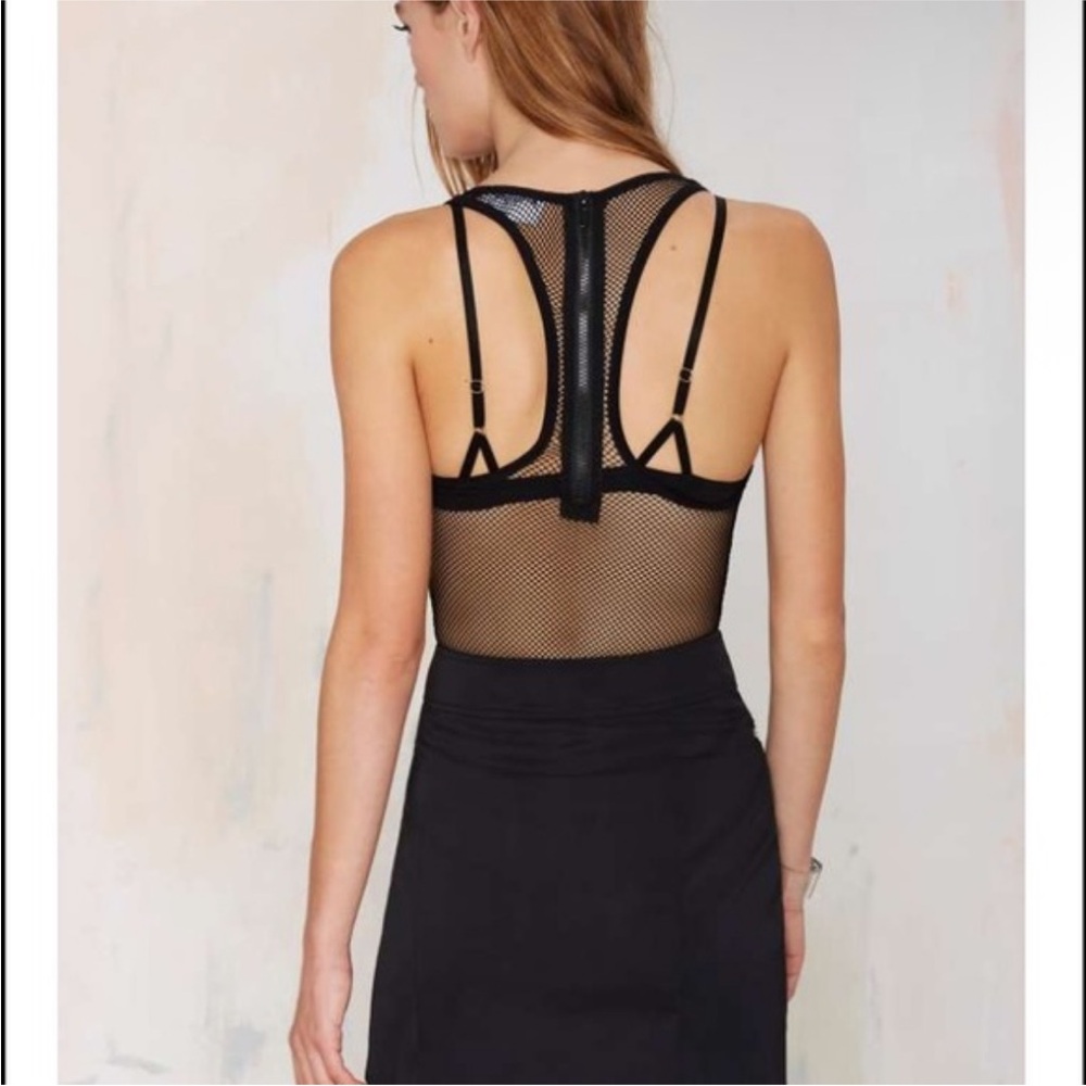 Nasty Gal Net Your Gal Mesh Fishnet Thong Bodysuit XS Black Racerback Zip - Picture 3 of 10